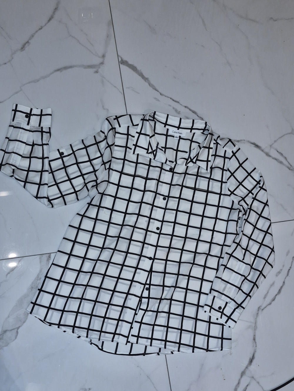 Calvin Klein White Blouse with Black Grid Print
